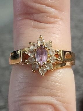 Gold Plated Pink Marquise Cut Stone Halo Ring Rhinestones